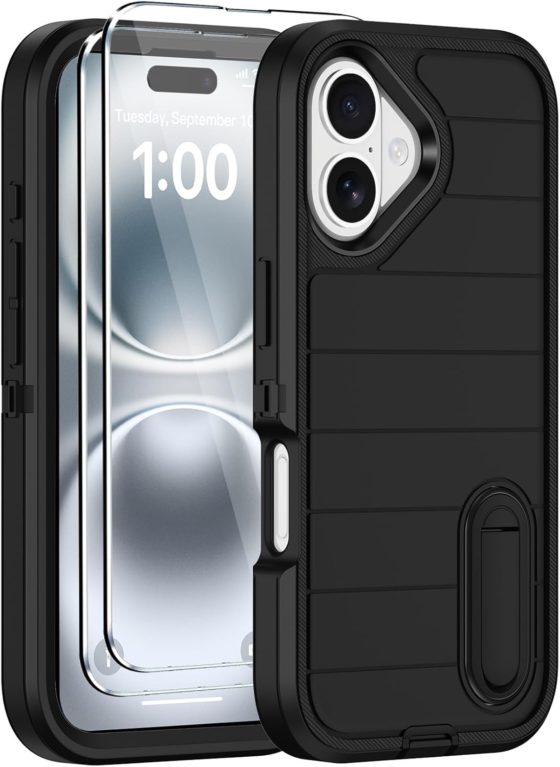 iPhone 16 Case with 2 Screen Protectors,Heavy Duty Shockproof Drop Protection Military Grade Tri-Layer Rugged Cell Phone Cover with Built-in Invisible Kickstand for Apple 16 6.1“ (Black)