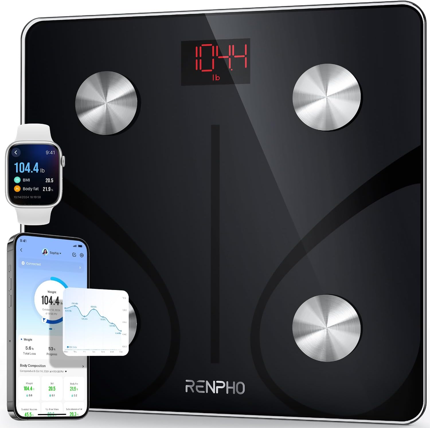 RENPHO Body Fat Scale, Bluetooth Smart Body Fat Scale, Impedance Meter, Impedance Meter Scale with 13 Body Data (BMI/Body Fat/Bone Mass/BMR/Muscle/Water), Elis 1