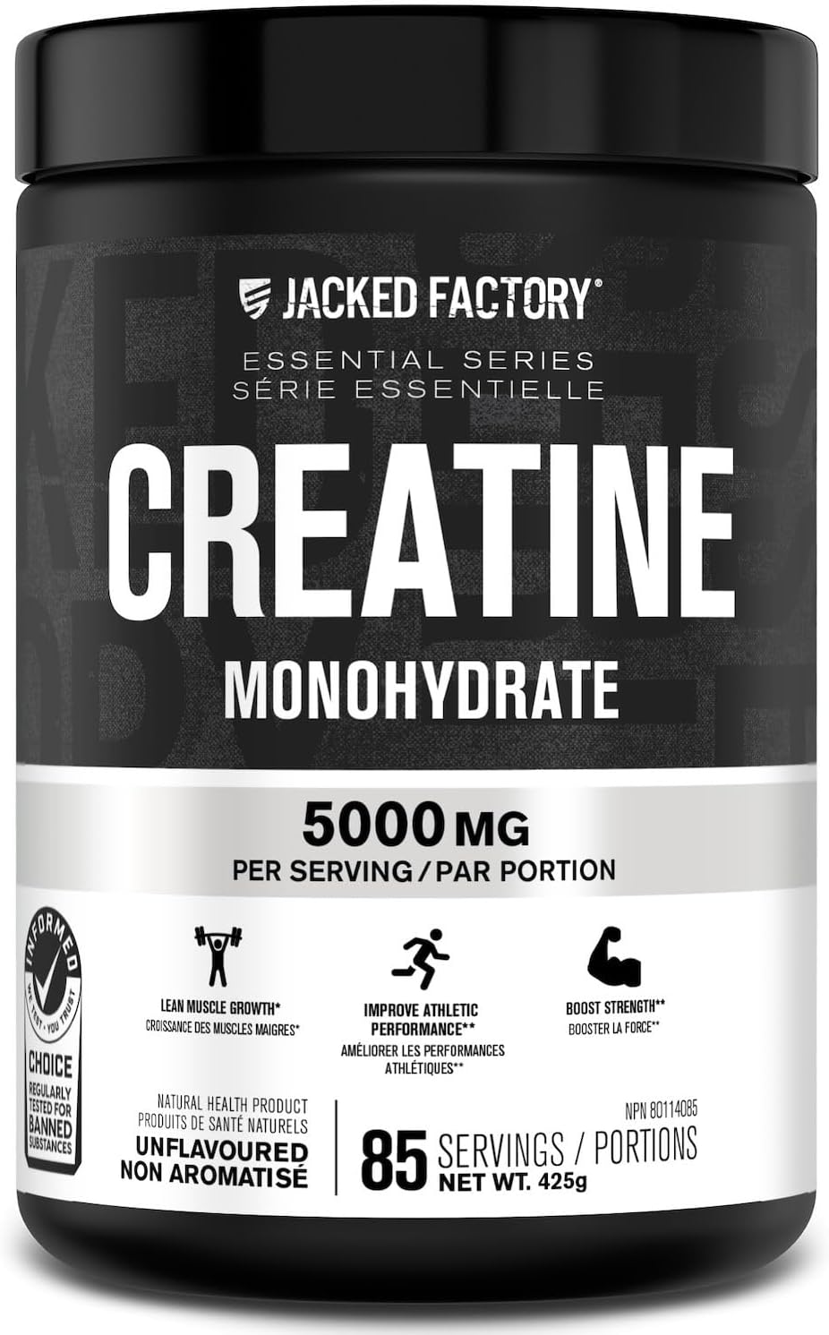 Jacked Factory Creatine Monohydrate Powder 425g - Informed Choice Certified Supplement for Increased Muscle Mass*, Improved Strength, Power, & Performance** - 85 Servings, Unflavored