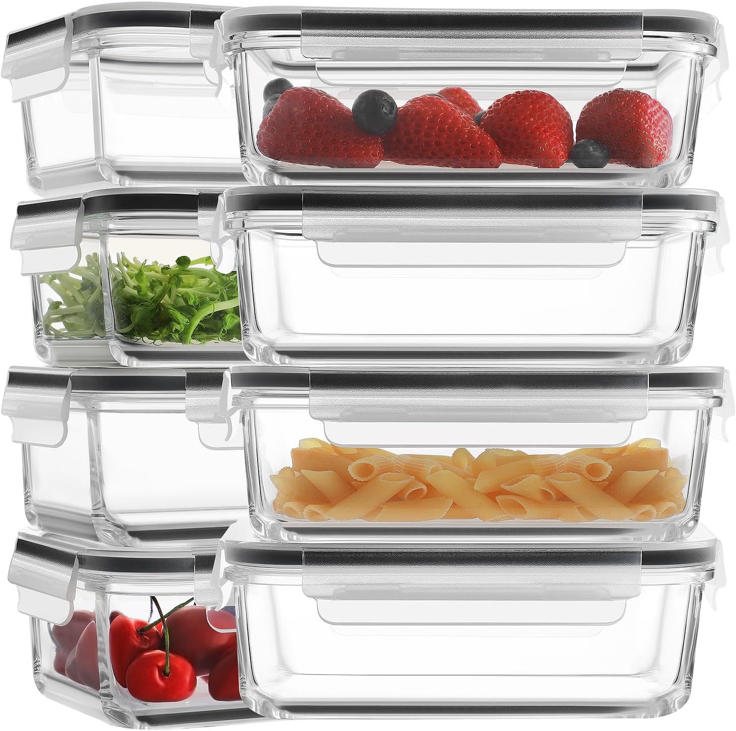 HOMBERKING 30oz 8 Pack Glass Meal Prep Containers with Lids, Food Storage Airtight Bento Boxes with Leak Proof Locking for Microwave, Oven, Freezer and Dishwasher (8 lids & 8 Containers)